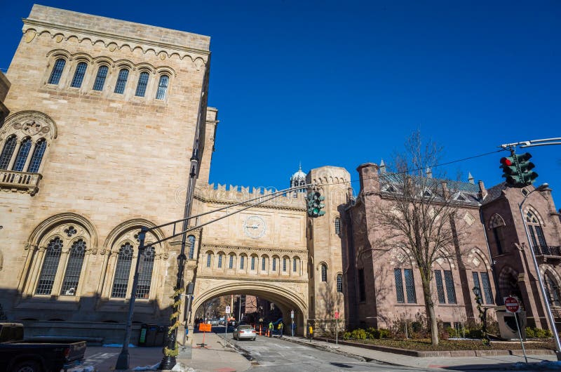 Yale university buildings in winter sunlight with snow and blue sky. Yale university buildings in winter sunlight with snow and blue sky