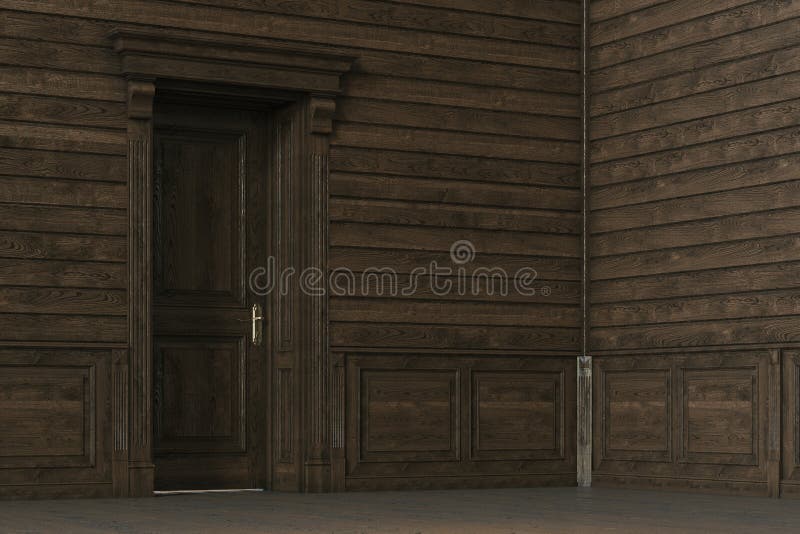 Классический деревянный дизайн интерьера с закрытой дверью 3d представляют стоковое фото