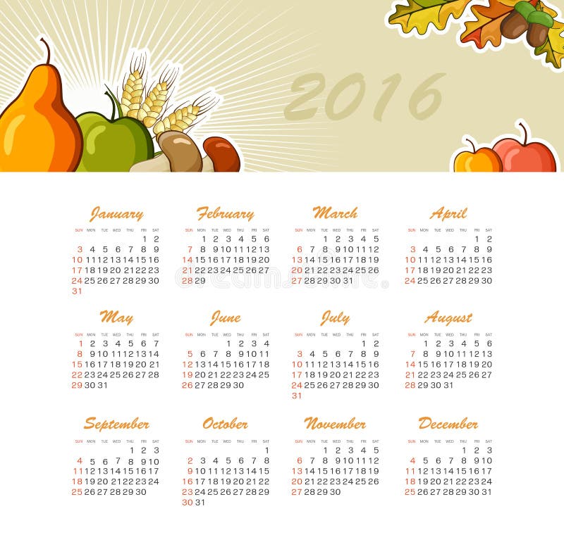 Календарь на 2016 Неделя начинает воскресенье