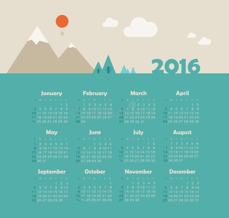Календарь 2016 с горой Неделя начинает воскресенье