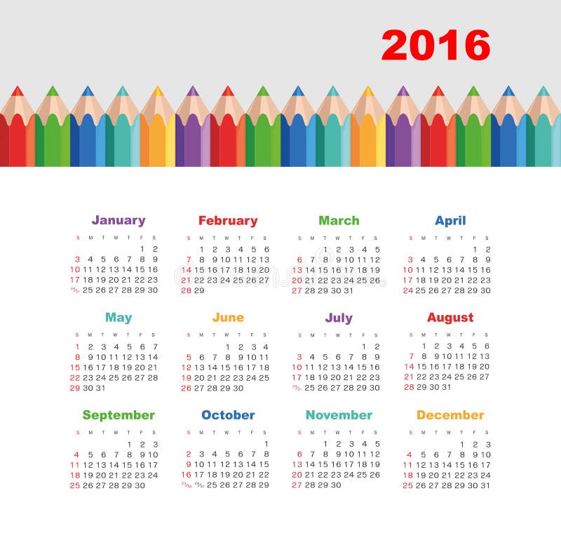 Календарь 2016 с карандашем Неделя начинает воскресенье