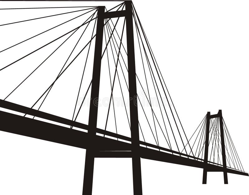 Cable-stayed suspension bridge - black silhouette, vector isolated illustration on white background. Cable-stayed suspension bridge - black silhouette, vector isolated illustration on white background