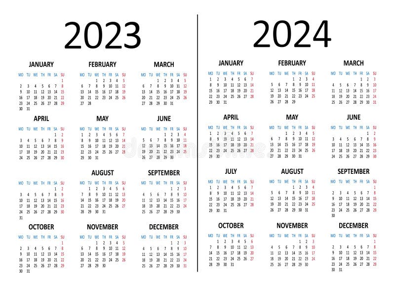 календарь на 2023 2024 года. неделя начинается в понедельник. вектор. иллюстрация вектора.