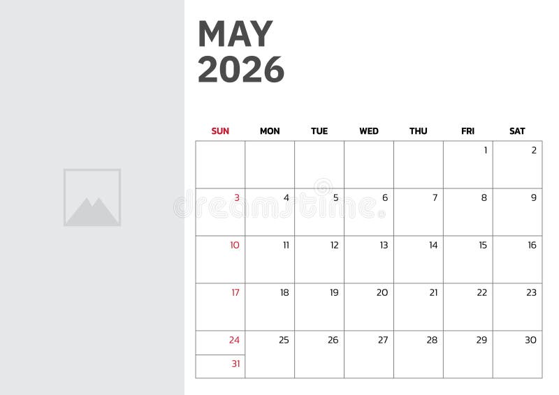 Календарь на май 2026 года. Начало недели в воскресенье. Настольный календарь 2026 дизайн простой и чистый дизайн Настенный календ бесплатная иллюстрация