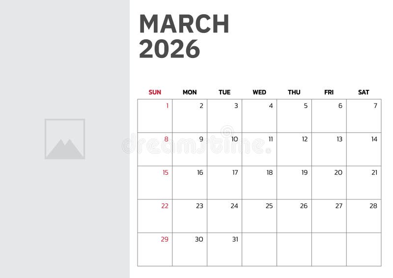 Календарь на март 2026 года. Начало недели в воскресенье. Настольный календарь 2026 дизайн простой и чистый дизайн Настенный кален иллюстрация вектора
