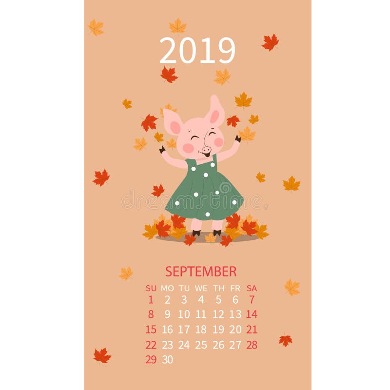 Календарь на 2019, календарь помечая буквами, шаблон свиньи сентября 2019, иллюстрацию вектора мультфильма свиньи руки вычерченну иллюстрация штока Календарь на 2019, календарь помечая буквами, шаблон свиньи сентября 2019, иллюстрацию вектора мультфильма свиньи руки вычерченну иллюстрация штока