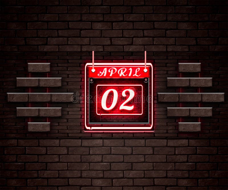 02 апреля ежемесячный календарь по кирпичам. 2 апреля. calendar on workplace neon text effect on bricks background empty space for text copy space right