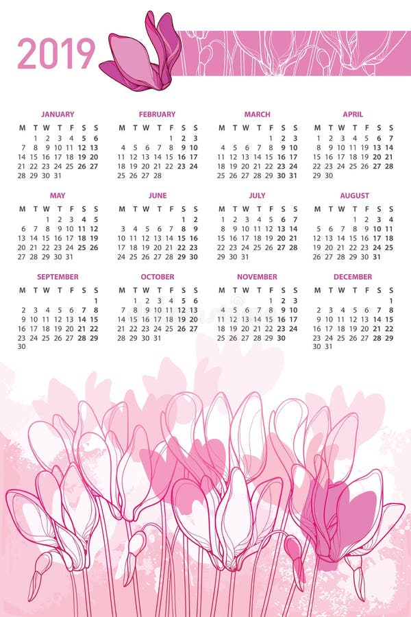 Календарь стены вектора вертикальный 2019 год с букетом Cyclamen плана или высокогорного фиолетового пука цветка и бутоном в паст иллюстрация штока Календарь стены вектора вертикальный 2019 год с букетом Cyclamen плана или высокогорного фиолетового пука цветка и бутоном в паст иллюстрация штока