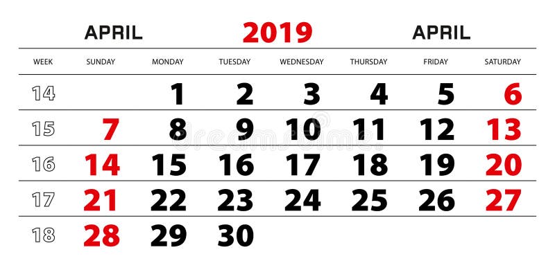 Календарь стены 2019 на апрель, старт -го недели от воскресенья бесплатная иллюстрация