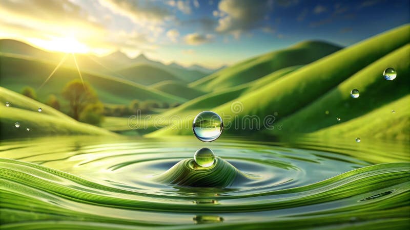 Капля безмятежной воды влияет на спокойный зеленый ландшафт на восходе. ИИ поколения иллюстрация штока