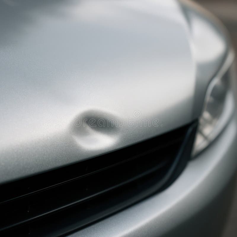 Капот Dent CloseUp на металлической серебристой поверхности стоковые фотографии rf