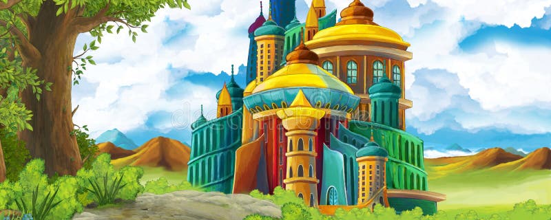 Карикатура с горной долиной около леса и замка иллюстрация вектора