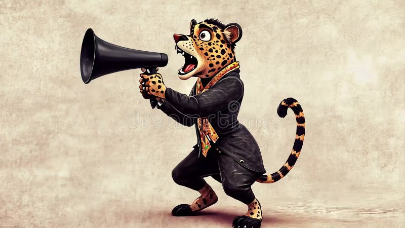 карикатурный гепард в черном костюме с длинным шарфом держит мегафон и кричит иллюстрация вектора