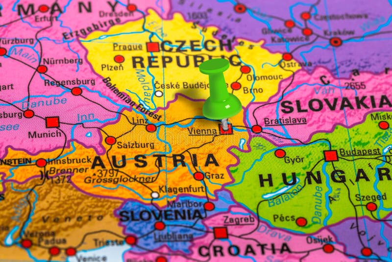 Vienna in Austria pinned on colorful political map of Europe. Geopolitical school atlas. Vienna in Austria pinned on colorful political map of Europe. Geopolitical school atlas.