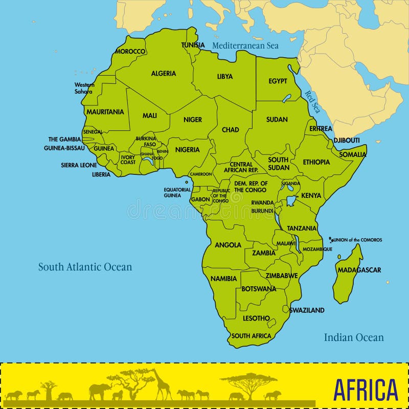 Карта Африки с всеми странами и их столицами Иллюстрация вектора