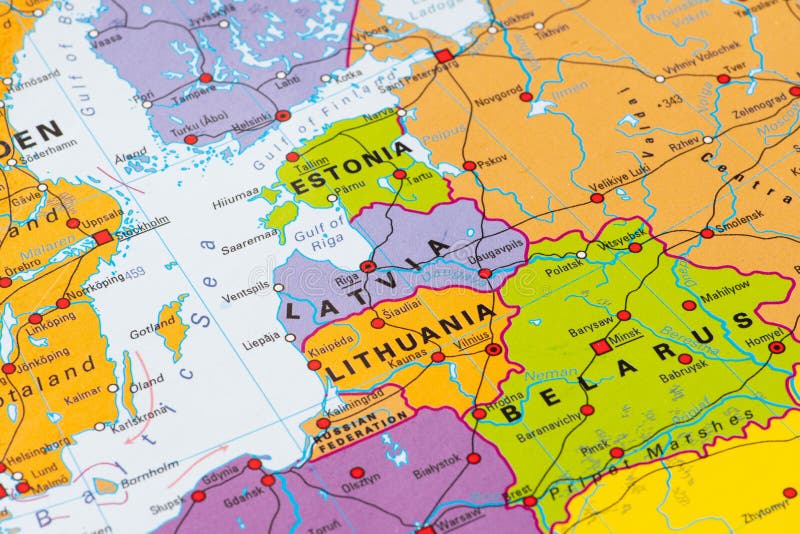 Vilnius, Lithuania - April 6 2022: Map of Baltic States with Lithuania, Latvia Estonia, Russia, Belarus and Poland. Vilnius, Lithuania - April 6 2022: Map of Baltic States with Lithuania, Latvia Estonia, Russia, Belarus and Poland