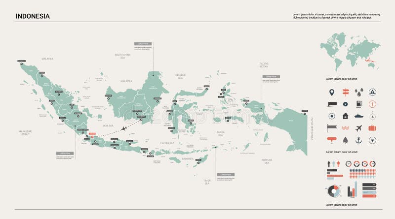 Карта вектора Индонезии Высокая детальная карта страны с разделением, городами и столицей Джакартой r