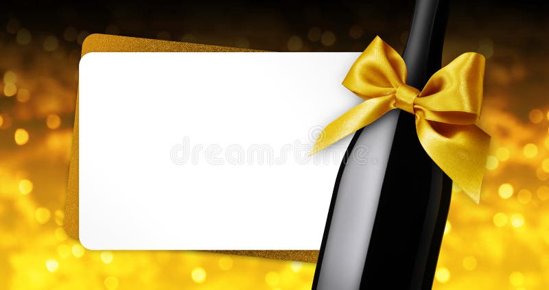 Merry christmas greeting gift card with wine bottle golden ribbon bow on golden blurred lights background template white copy space. Merry christmas greeting gift card with wine bottle golden ribbon bow on golden blurred lights background template white copy space