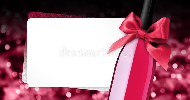 Merry christmas greeting gift card with wine bottle red ribbon bow on red blurred lights background template white copy space. Merry christmas greeting gift card with wine bottle red ribbon bow on red blurred lights background template white copy space