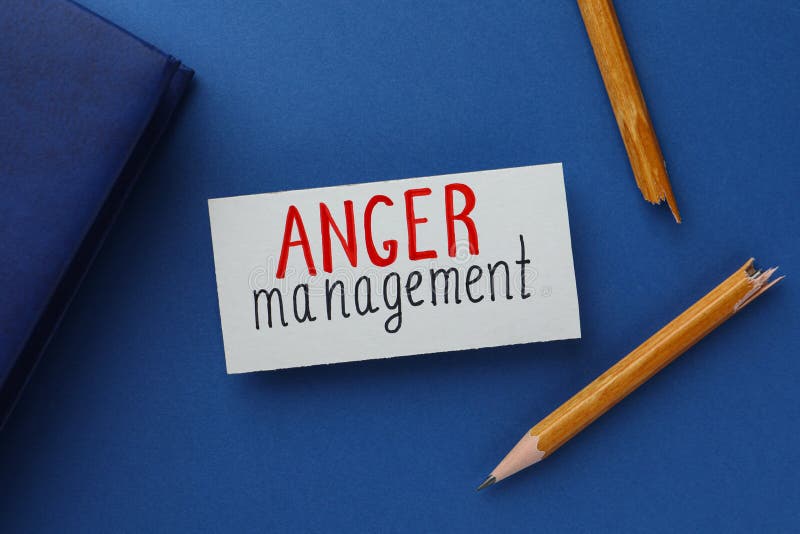 Card with words Anger Management, notebook and broken pencil on blue background. Card with words Anger Management, notebook and broken pencil on blue background