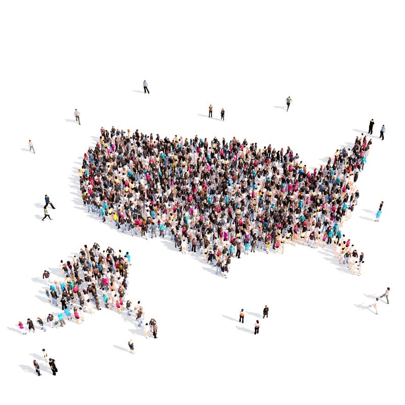 Large and creative group of people gathered together in the form of a map United States , a map of the world. 3D illustration, against a white background. 3D-rendering. Large and creative group of people gathered together in the form of a map United States , a map of the world. 3D illustration, against a white background. 3D-rendering.
