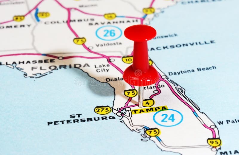 Close up of Tampa Florida USA map with red pin - Travel concept. Close up of Tampa Florida USA map with red pin - Travel concept