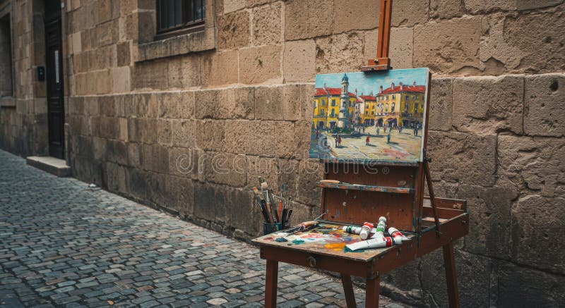 Картина Easel на улице Кобблстоун иллюстрация вектора