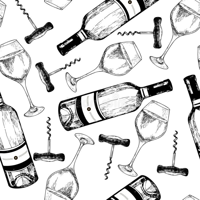 Vector seamless pattern of white wine. Hand drawn engraved objects on white background. Wine bottle, glass and corkscrew. Use for restaurant, menu, store, shop, wrapping papper, textile. Vector seamless pattern of white wine. Hand drawn engraved objects on white background. Wine bottle, glass and corkscrew. Use for restaurant, menu, store, shop, wrapping papper, textile