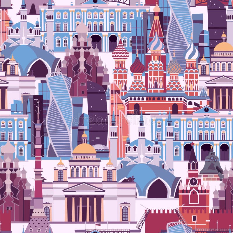 Russia landmarks vector pattern. Russian symbol seamless background. Street view with Kremlin palace and St. Basil`s Cathedral. Drawbridge, museum and the Kazan Mosque illustration cartoon flat style. Russia landmarks vector pattern. Russian symbol seamless background. Street view with Kremlin palace and St. Basil`s Cathedral. Drawbridge, museum and the Kazan Mosque illustration cartoon flat style