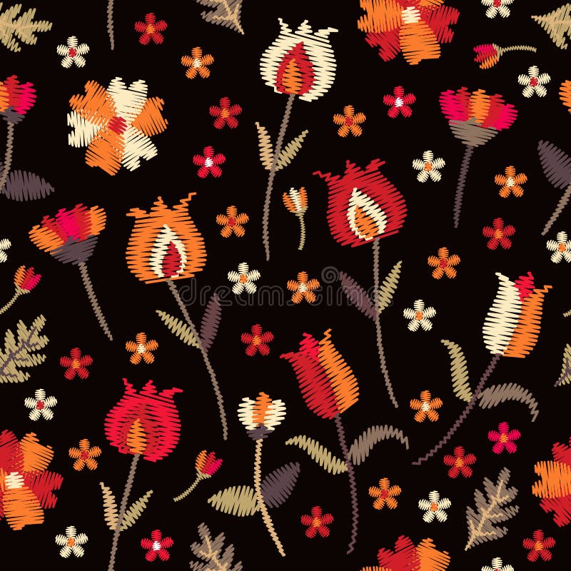 Картина вышивки флористическая безшовная с красными и оранжевыми цветками на черной предпосылке Фольклорные мотивы Дизайн моды