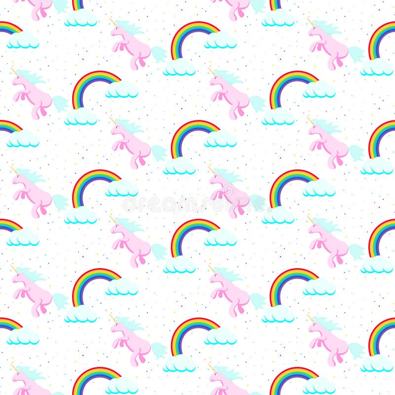 Cute unicorn child seamless vector pattern with rainbow in clouds. Baby fabric design, white surface textile for kid clothes, bed linen. Cute unicorn child seamless vector pattern with rainbow in clouds. Baby fabric design, white surface textile for kid clothes, bed linen.