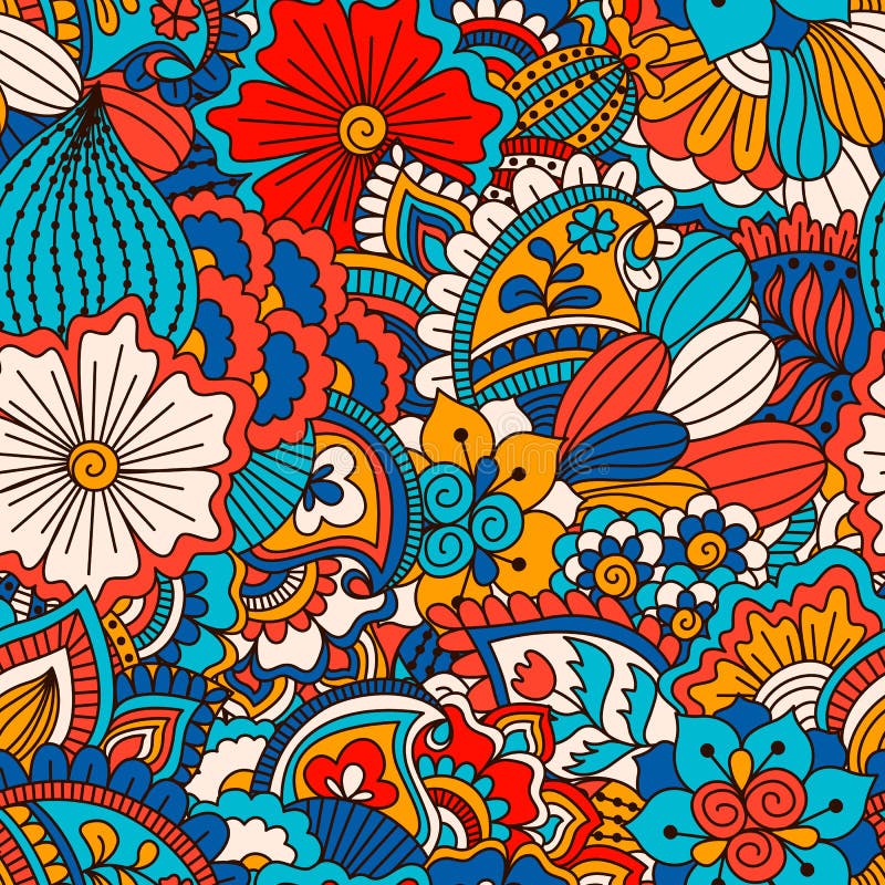 Hand drawn seamless pattern with floral elements. Colorful ethnic background. Pattern can be used for fabric, wallpaper or wrapping. Hand drawn seamless pattern with floral elements. Colorful ethnic background. Pattern can be used for fabric, wallpaper or wrapping.