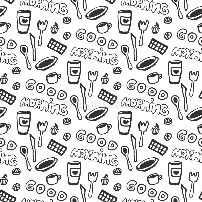 Картина доброго утра безшовная Vector безшовная картина с чашками чая doodle, плитой, шоколадом, ложкой и вилкой, тортами T нарис бесплатная иллюстрация Картина доброго утра безшовная Vector безшовная картина с чашками чая doodle, плитой, шоколадом, ложкой и вилкой, тортами T нарис бесплатная иллюстрация