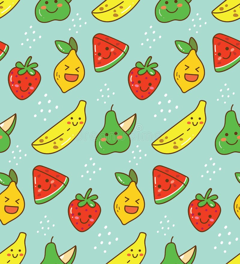 Картина плода Kawaii безшовная с лимоном, клубникой etc иллюстрация штока Картина плода Kawaii безшовная с лимоном, клубникой etc иллюстрация штока
