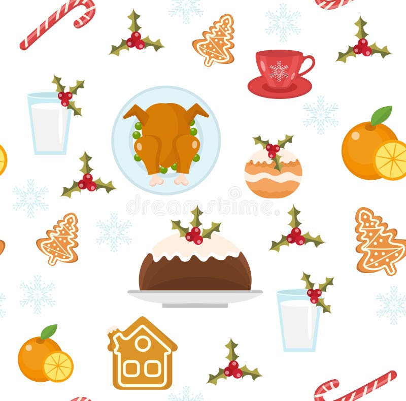 Картина рождества безшовная с едой праздника Xmas повторяя текстуру, бесконечную предпосылку Бумага, обои, ткань иллюстрация штока
