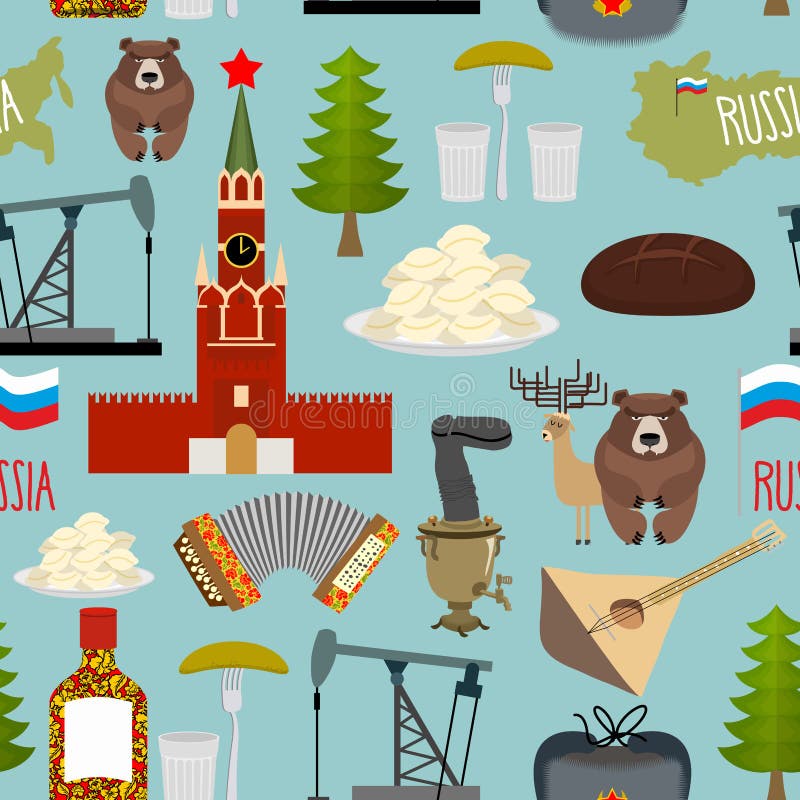 Russia sightseeing seamless pattern. Moscow Kremlin and Samovar, oil pump and squeeze. Ushanka and balalaika. Vector background of Russian Federation. Russia sightseeing seamless pattern. Moscow Kremlin and Samovar, oil pump and squeeze. Ushanka and balalaika. Vector background of Russian Federation.
