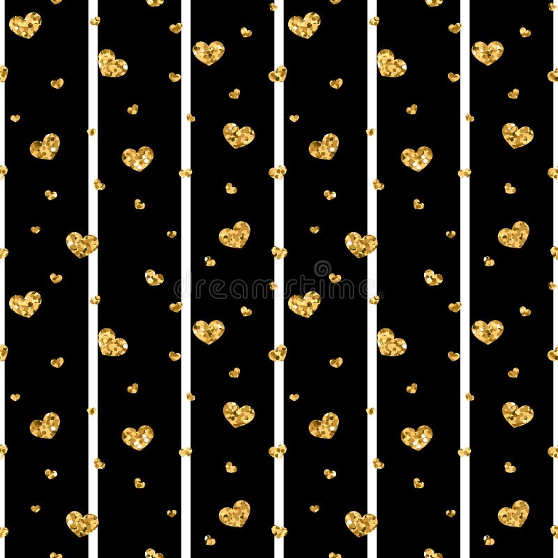 Gold heart seamless pattern. Black-white geometric stripes, golden confetti-hearts. Symbol of love, Valentine day holiday. Design wallpaper, background, fabric texture Vector illustration. Gold heart seamless pattern. Black-white geometric stripes, golden confetti-hearts. Symbol of love, Valentine day holiday. Design wallpaper, background, fabric texture Vector illustration