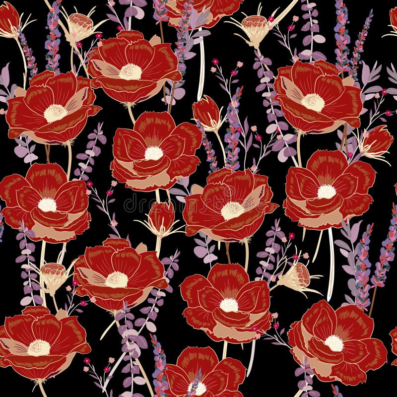 Dark night red flower seamless pattern on dark black background for wallpaper,book,card,paper,fabric , fashion,and all prints. Dark night red flower seamless pattern on dark black background for wallpaper,book,card,paper,fabric , fashion,and all prints.