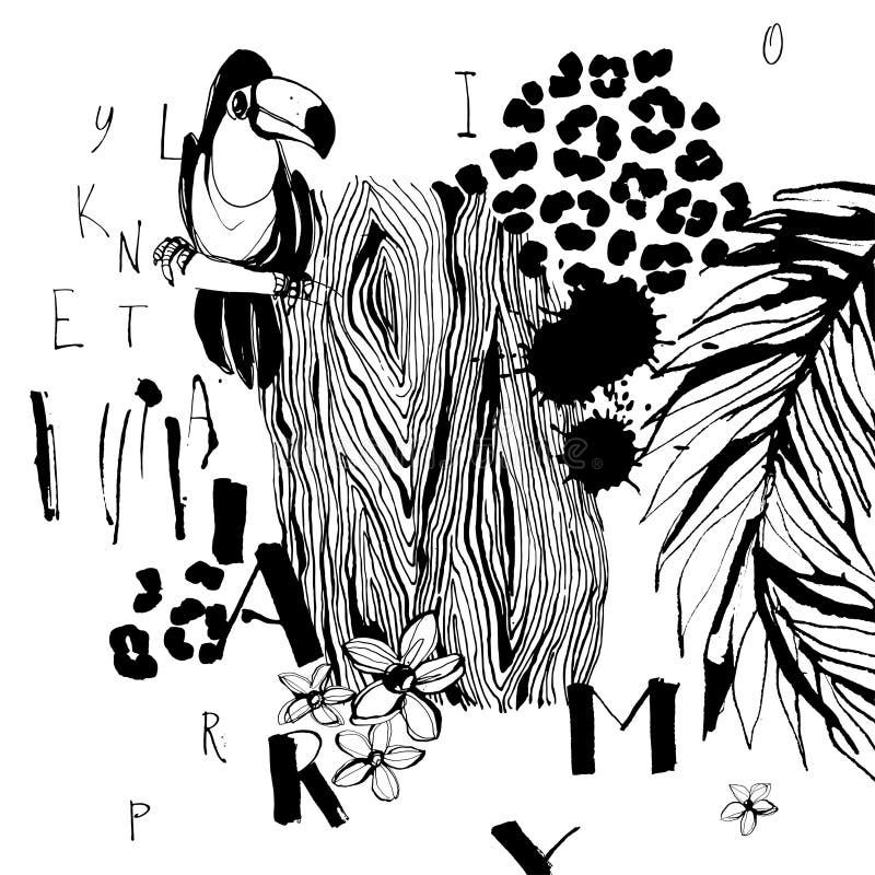 Картина тропических птиц, ладоней, цветков и писем Grungy стиль чернил Художнический творческий всеобщий цветочный узор Te нарисо иллюстрация вектора