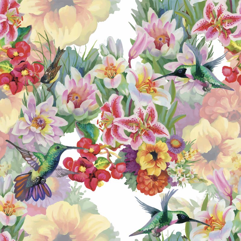 Картина тропической флористической акварели безшовная с colibris и цветками самана коррекций высокая картины photoshop качества р иллюстрация штока Картина тропической флористической акварели безшовная с colibris и цветками самана коррекций высокая картины photoshop качества р иллюстрация штока