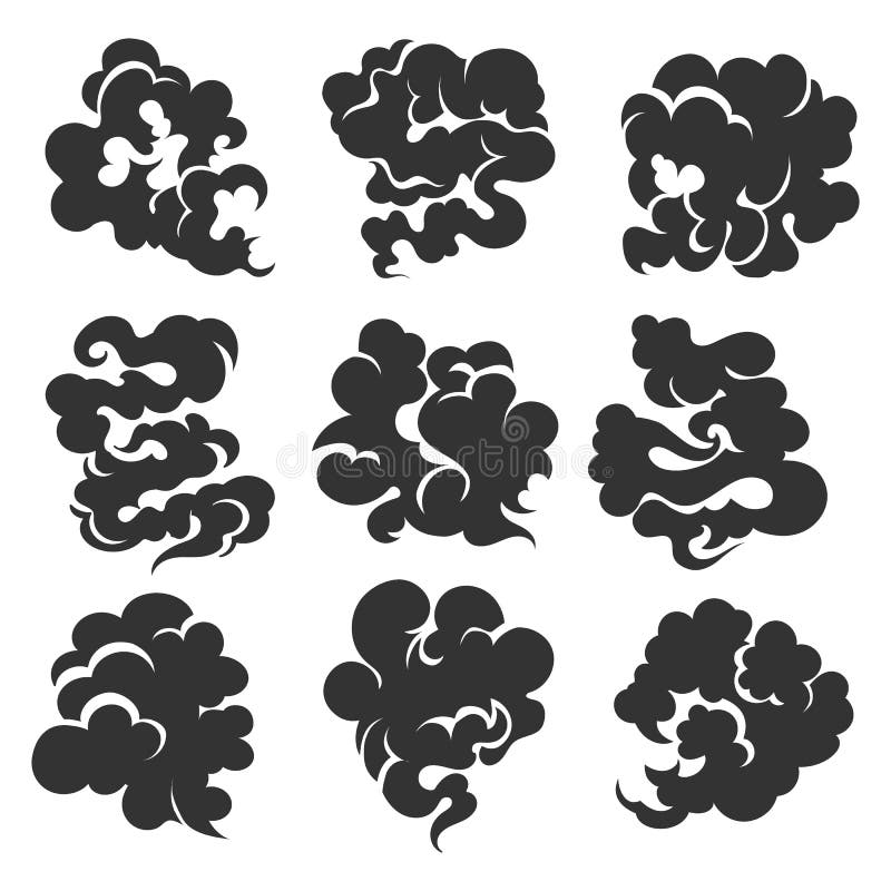 Black Smoke Set on a White Background Decorative Element Design Style Different Types. Vector illustration. Black Smoke Set on a White Background Decorative Element Design Style Different Types. Vector illustration