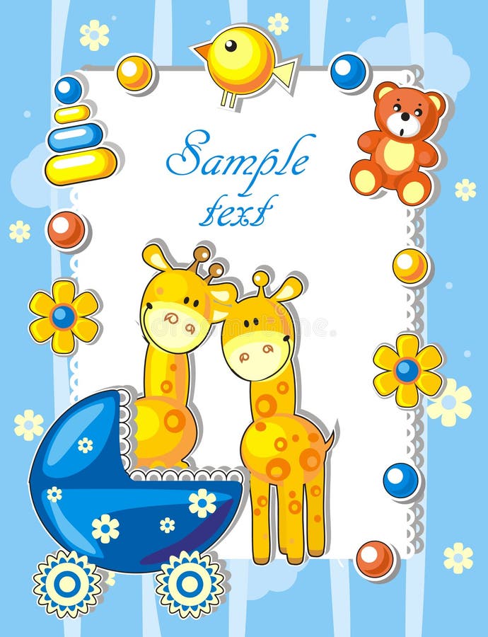 Baby arrival announcement card with giraffes and toys. Baby arrival announcement card with giraffes and toys