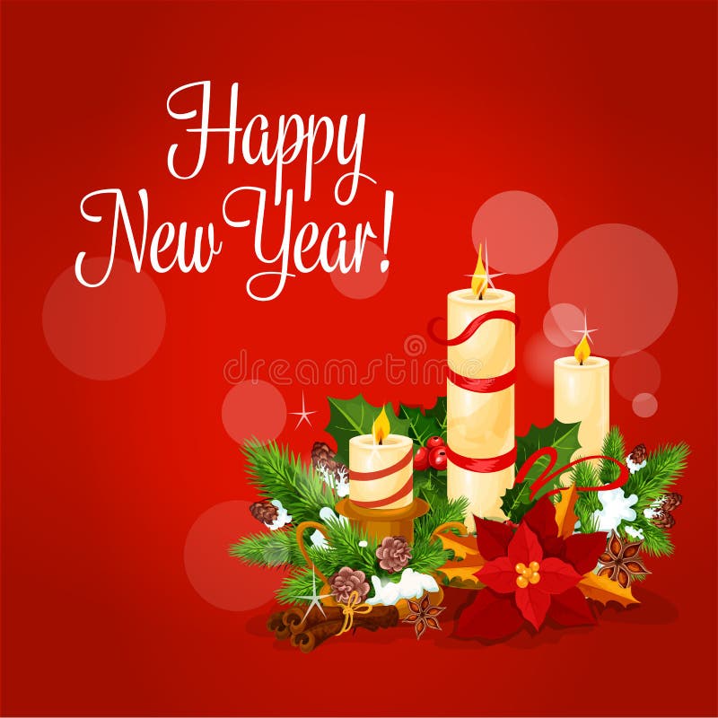 Карточка Нового Года и Xmas с свечой, падубом, сосной бесплатная иллюстрация Карточка Нового Года и Xmas с свечой, падубом, сосной бесплатная иллюстрация
