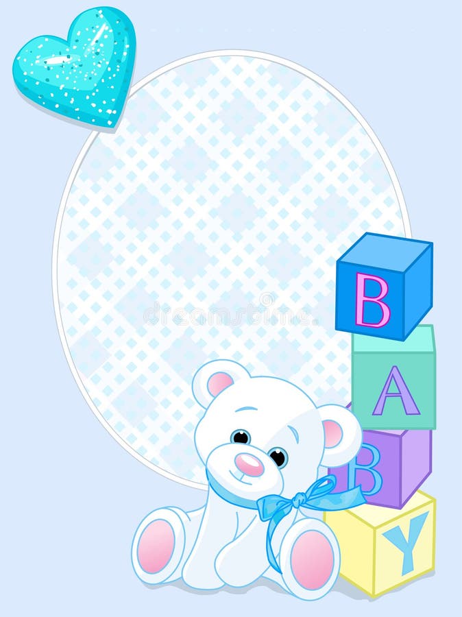 Blue design with Teddy Bear and word baby spelled out by blocks. Arrival card. Blue design with Teddy Bear and word baby spelled out by blocks. Arrival card