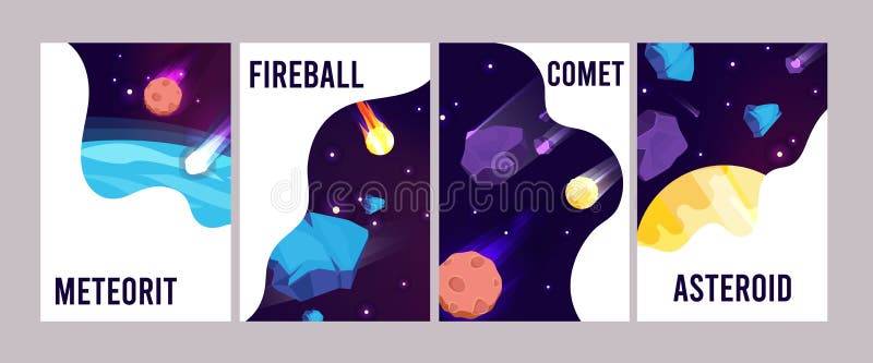 Карты вселенной пространства. Плакаты вектора файрбола кометы meteorit карикатур иллюстрация вектора
