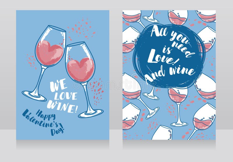 Two cards for valentine`s day and wine party, can be used as menu cover for wine bar, vector illustration. Two cards for valentine`s day and wine party, can be used as menu cover for wine bar, vector illustration