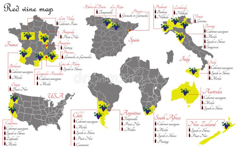 Red wine maps. Wine production maps showing grape varieties. Regions of grape growing for wine production. Red wine maps. Wine production maps showing grape varieties. Regions of grape growing for wine production.