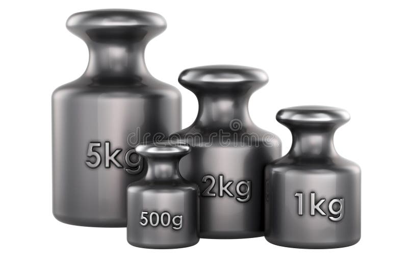 Гири 5 кг, 2 кг, 1 кг, 500 г. Чугун, калибровочная гиря. 3D рендеринг бесплатная иллюстрация