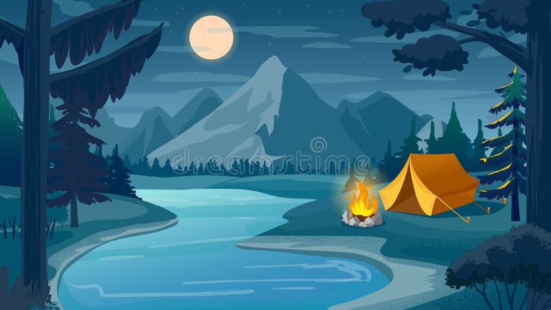 Кемпинг ночи горы. Ландшафт леса мультфильма с палаткой озера и небом лагерного костра с луной. Природа приключений иллюстрация штока