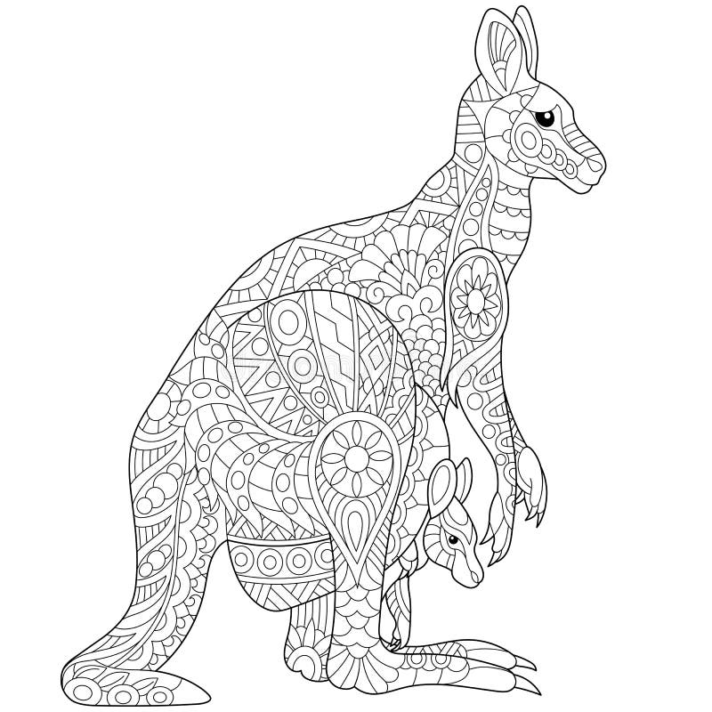 Stylized australian kangaroo family - mother and her young cub. Freehand sketch for adult anti stress coloring book page with doodle and zentangle elements. Stylized australian kangaroo family - mother and her young cub. Freehand sketch for adult anti stress coloring book page with doodle and zentangle elements.